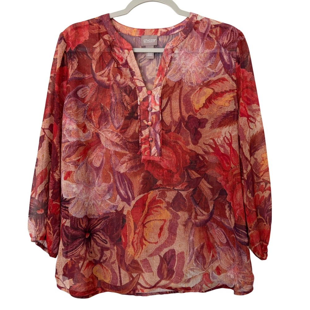 Chicos Red Floral Metallic Lurex Sheer Blouse Top Sz 1 Medium Fall Thanksgiving
